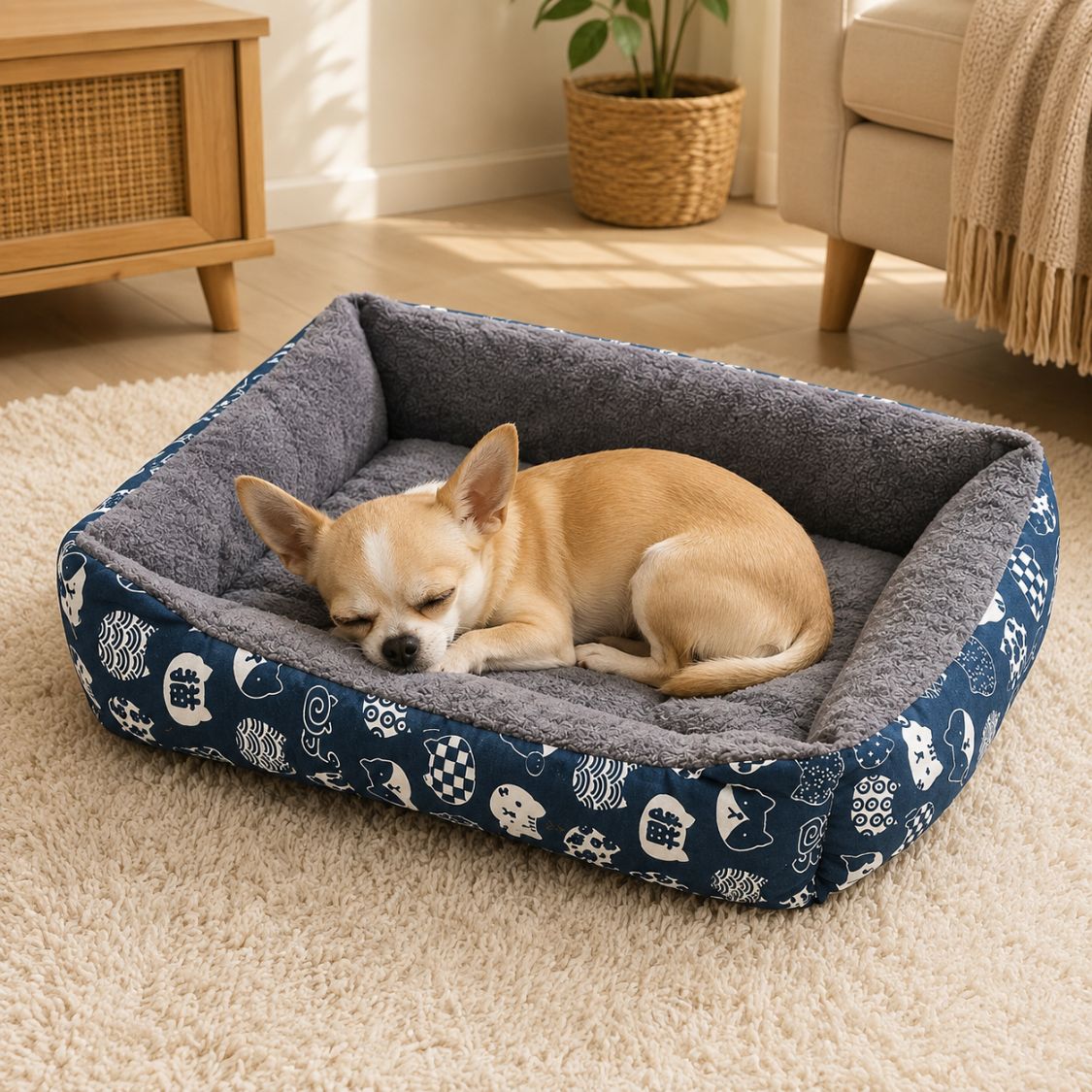 panier pour chien bleu motif chat japonais chihuahua endormi coussin moelleux
