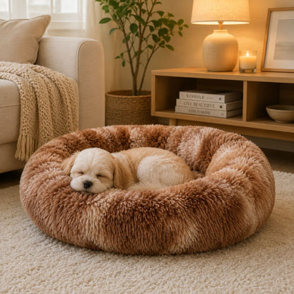 panier pour chien cocon marron creme longue peluche