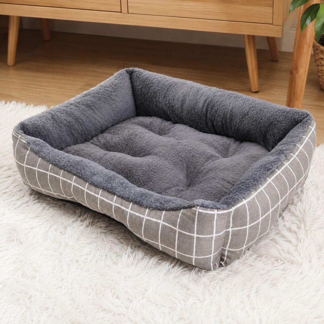 panier pour chien detail rebord rembourre velours gris tissu doux