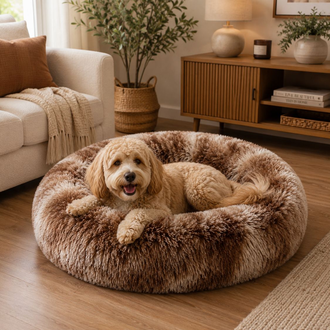 panier pour chien donut marron creme rebord doux
