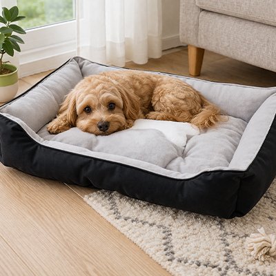 Panier pour chien doux gris chien dort