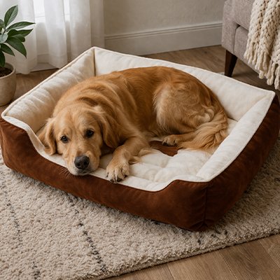 Panier pour chien doux marron chien dort