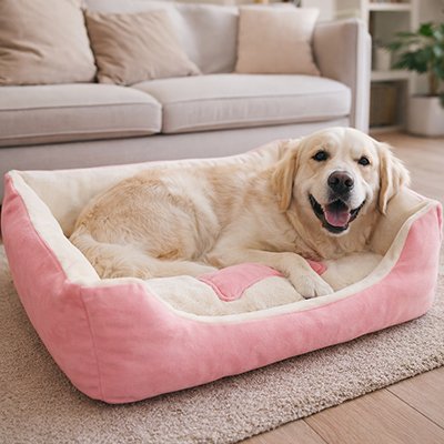 Panier pour chien doux rose chien dort