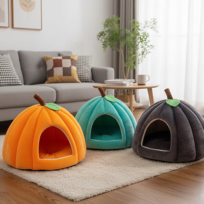 panier pour chien en forme de citrouille orange vert et gris avec intérieur moelleux