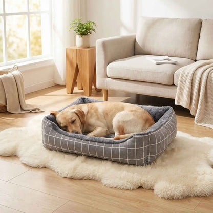 panier pour chien gris carreaux labrador endormi salon beige coussin moelleux