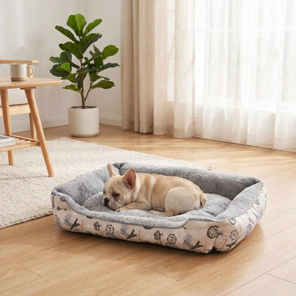 panier pour chien gris chien endormi peluche rectangulaire motif paris
