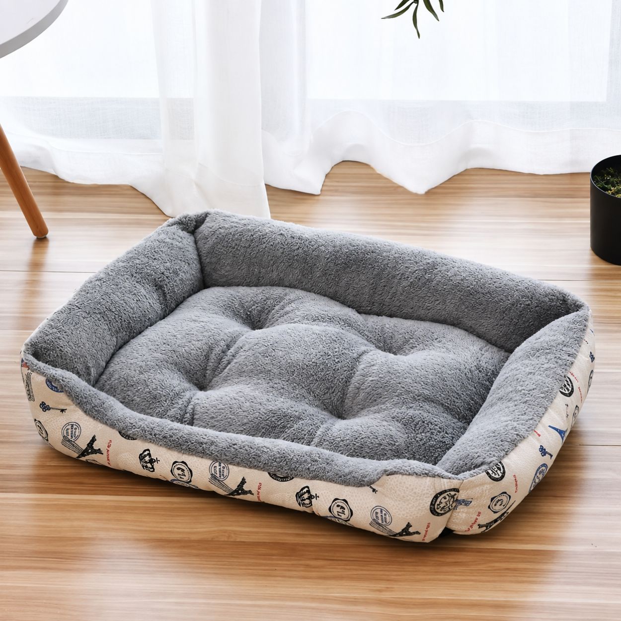 panier pour chien gris motif paris peluche rectangulaire coussin moelleux