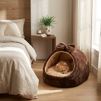 panier pour chien marron avec noeud interieur moelleux sommeil paisible