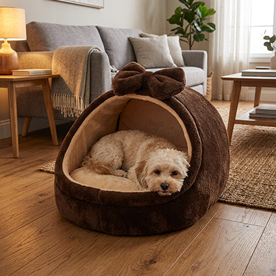 panier pour chien marron forme igloo avec coussin doux noeud decoratif