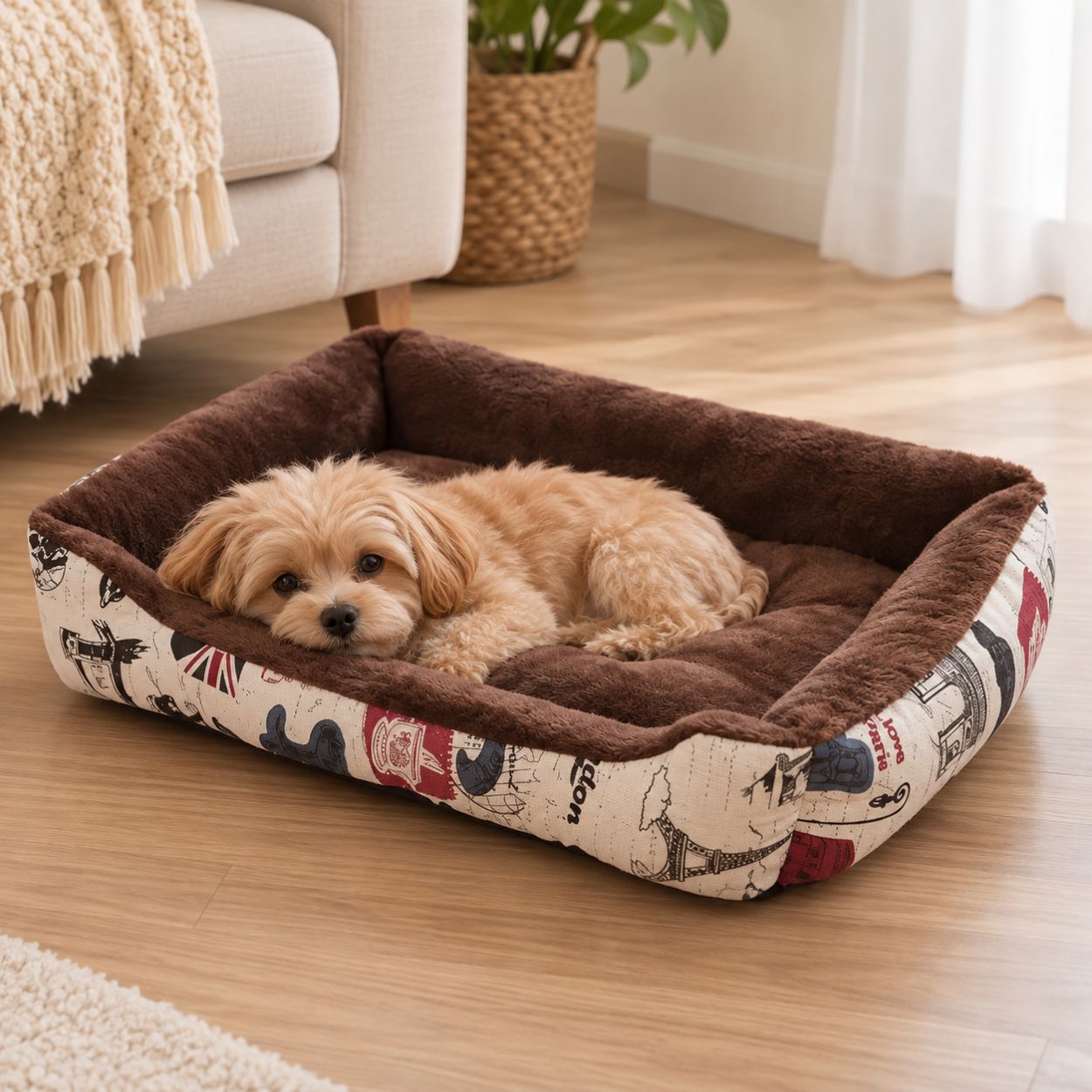 panier pour chien marron motif paris chien endormi peluche rectangulaire
