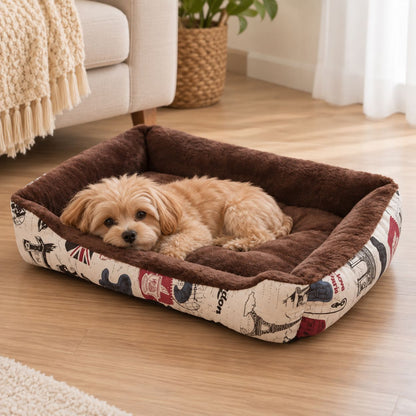 panier pour chien marron motif paris chien endormi peluche rectangulaire
