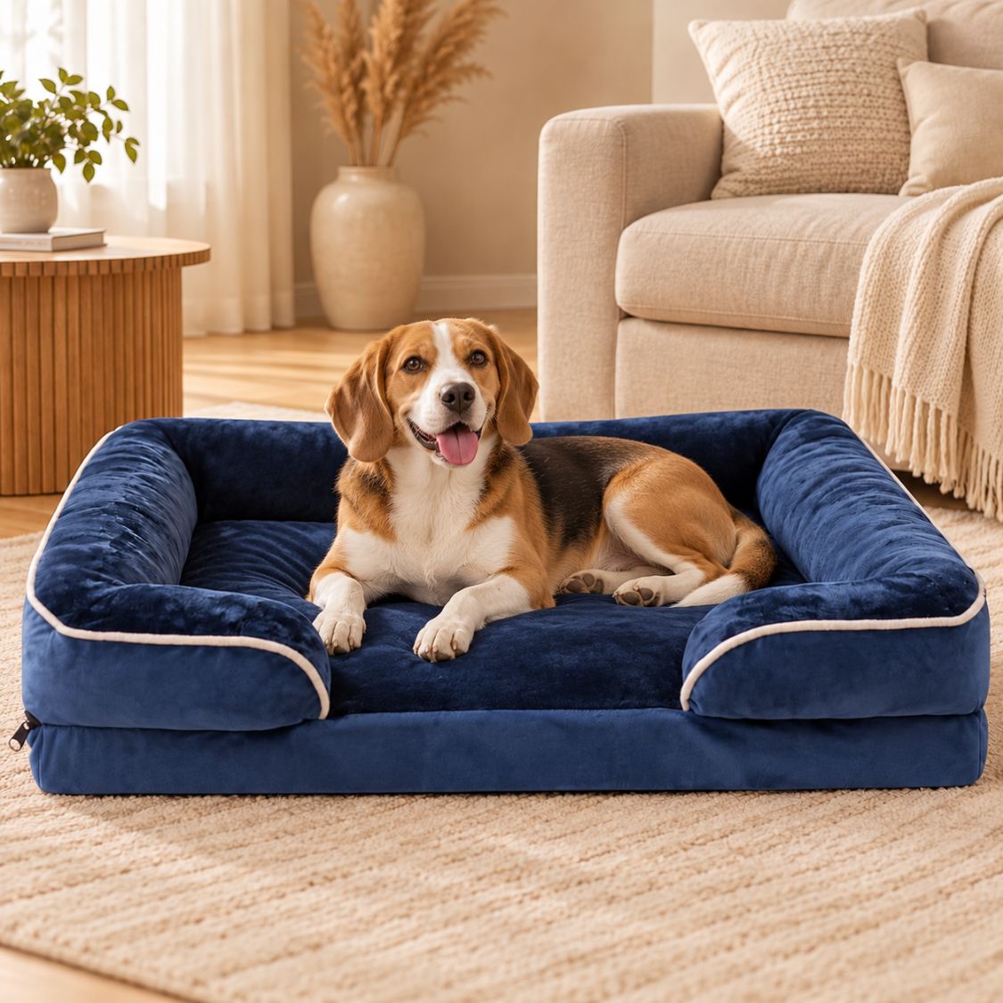 panier pour chien moyen bleu avec chien assis