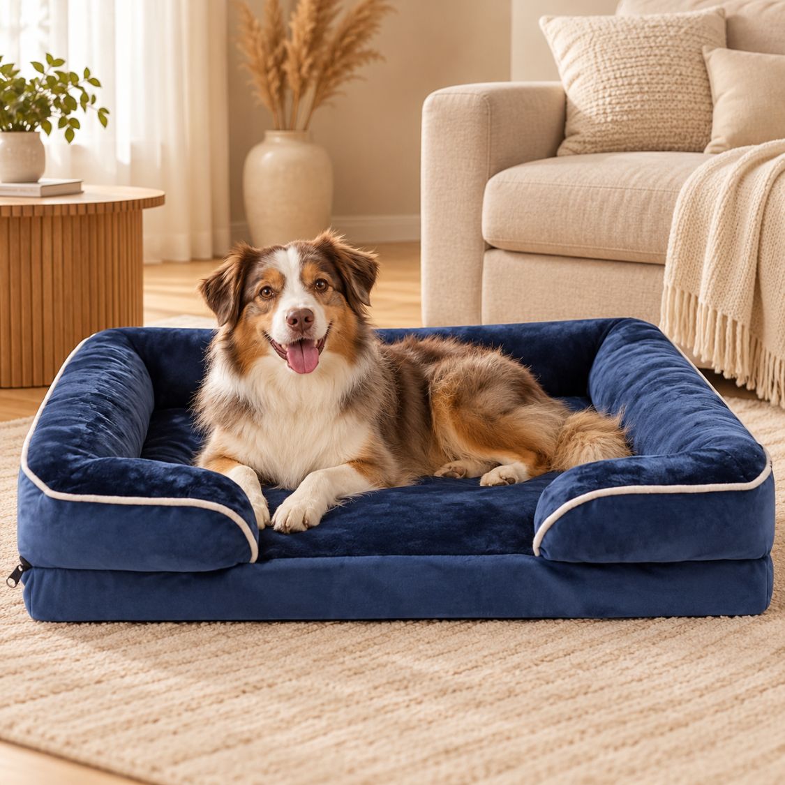panier pour chien moyen bleu chien confortablement installe