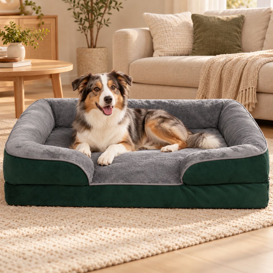 panier pour chien moyen vert avec chien allonge