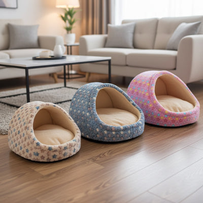 panier pour chien nid cocon coloris beige bleu et rose