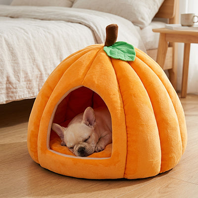 panier pour chien orange en forme de citrouille avec intérieur confortable pour petit chien