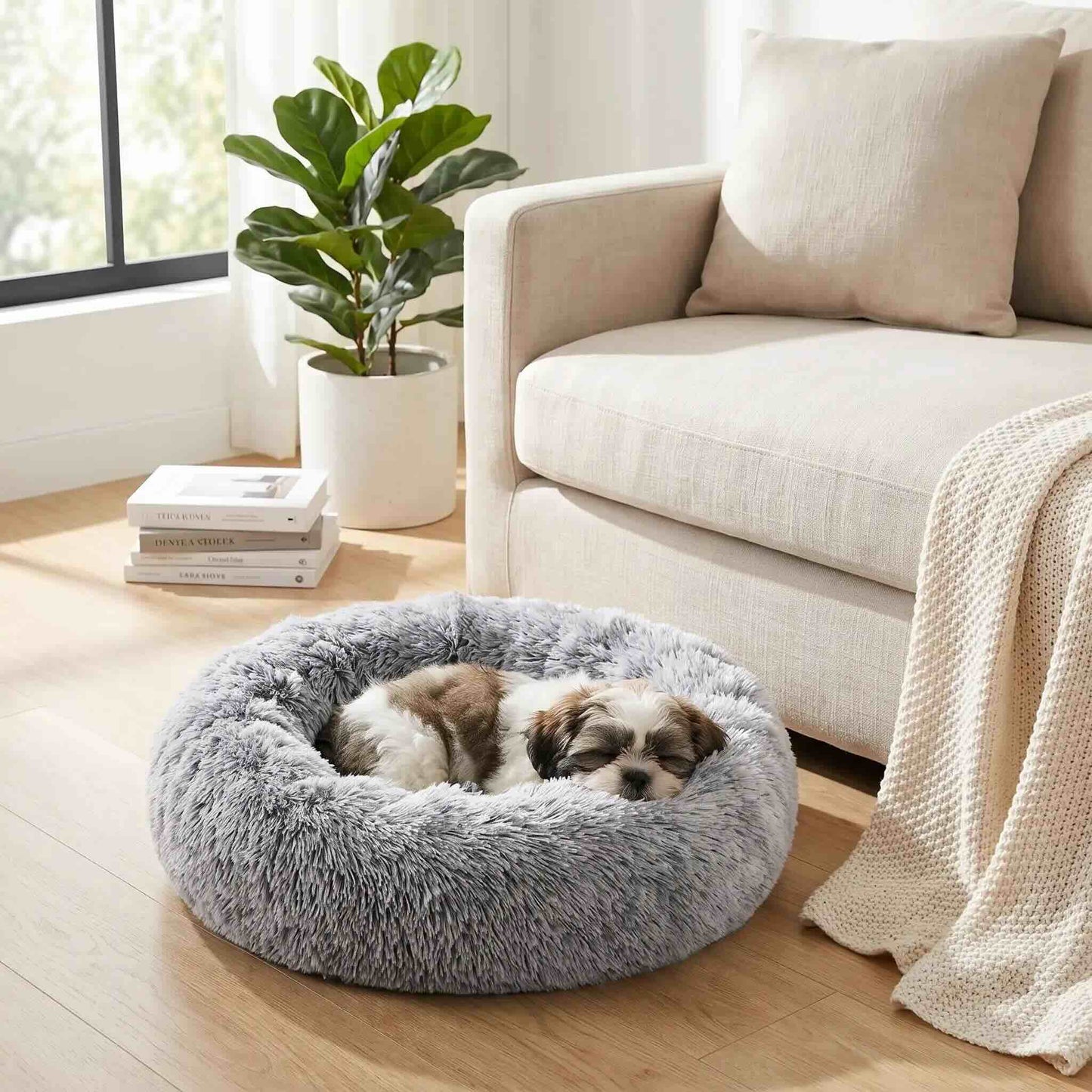 panier pour chien rond gris noir peluche moelleuse
