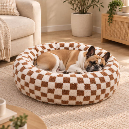 panier pour chien rond marron beige chien en boule