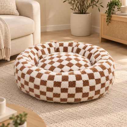 panier pour chien rond marron beige motif damier