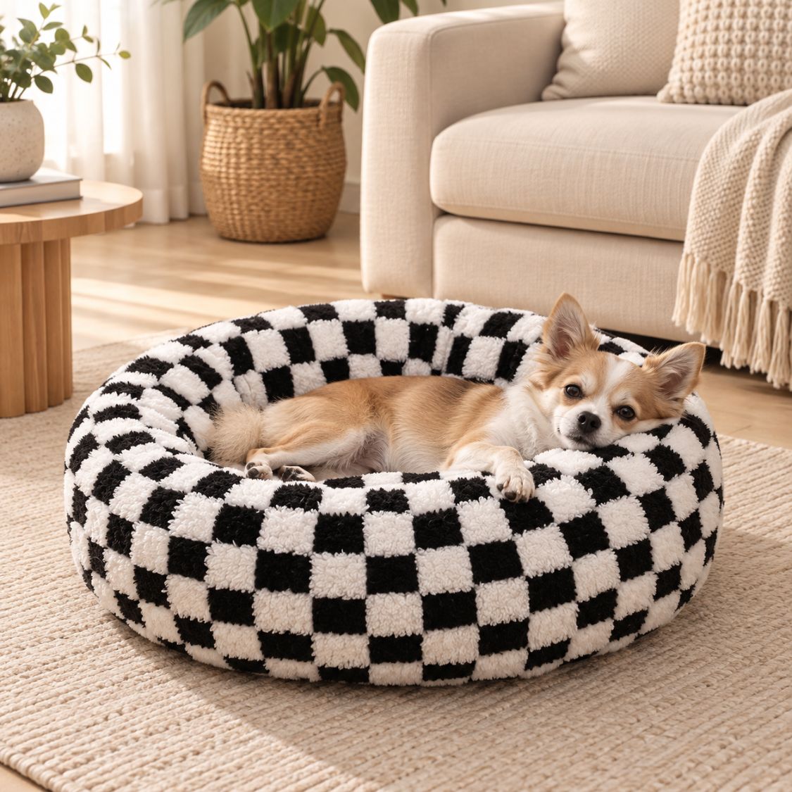 panier pour chien rond noir blanc chien endormi