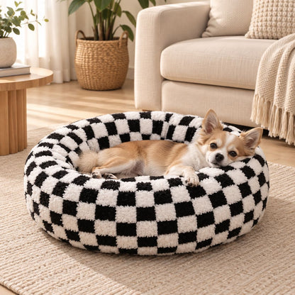 panier pour chien rond noir blanc chien endormi