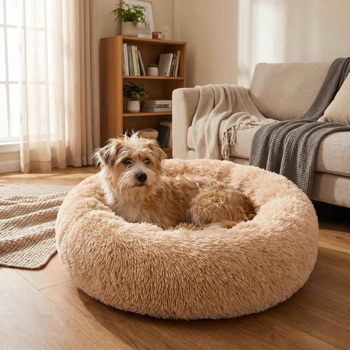 panier pour chien rond peluche beige chien allonge