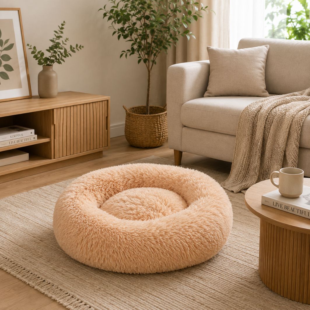 panier pour chien rond peluche beige nid douillet