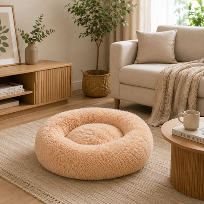 panier pour chien rond peluche beige nid douillet