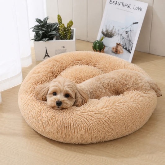 panier pour chien rond peluche beige rebords moelleux