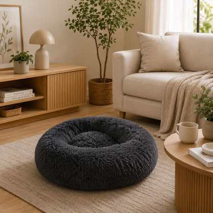 panier pour chien rond peluche noir nid enveloppant