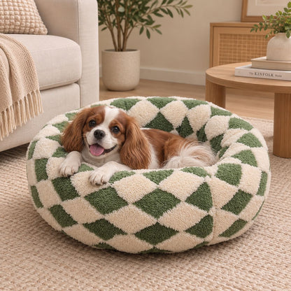 panier pour chien rond vert emeraude beige chien allonge