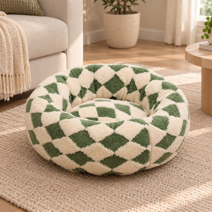 panier pour chien rond vert emeraude beige motif geometrique