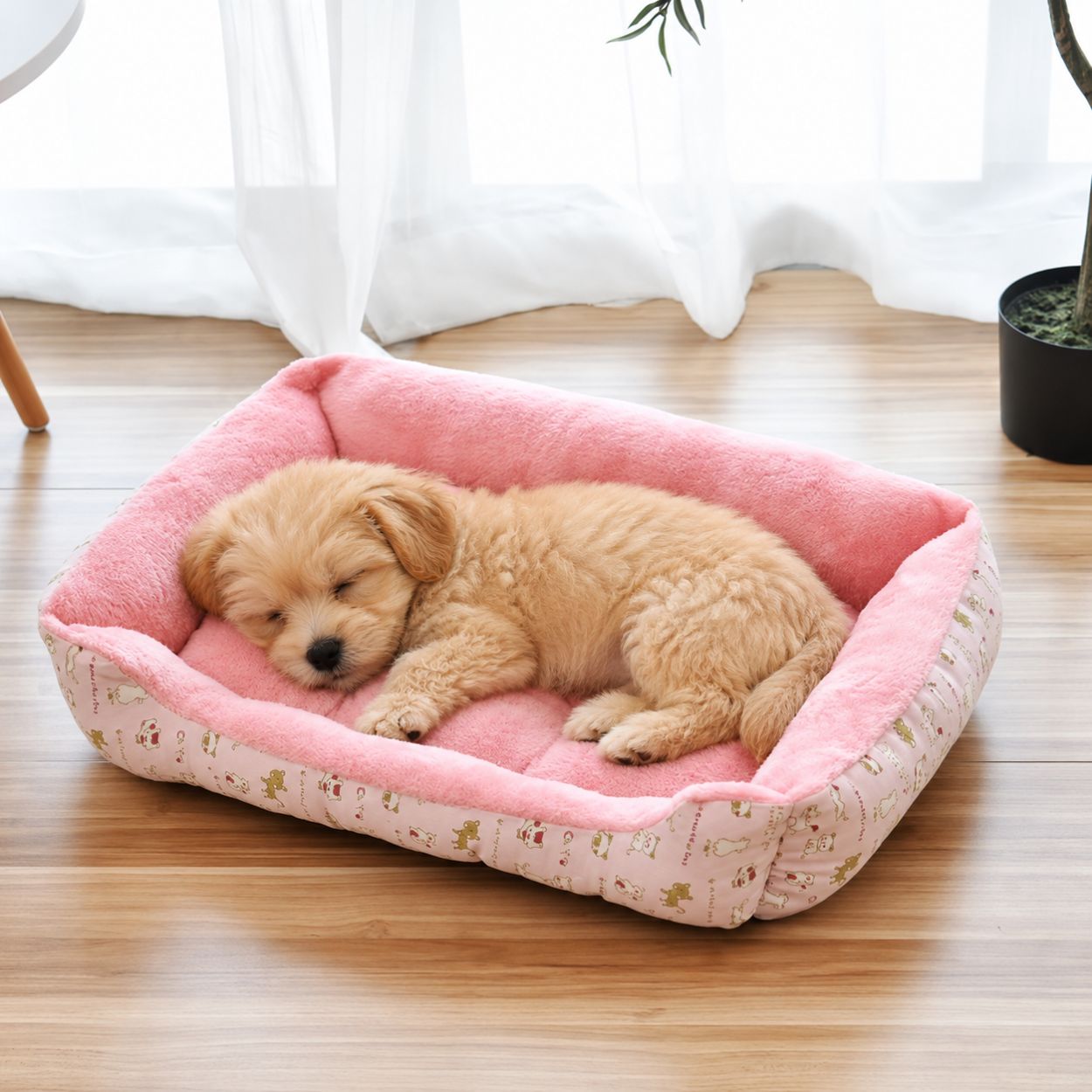 panier pour chien rose chiot endormi peluche rectangulaire motifs kawaii