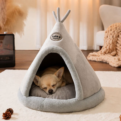 panier pour chien tipi gris douillet chiot endormi cocon securisant