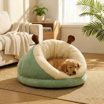 panier pour chien vert clair chien couchage cocon peluche salon interieur