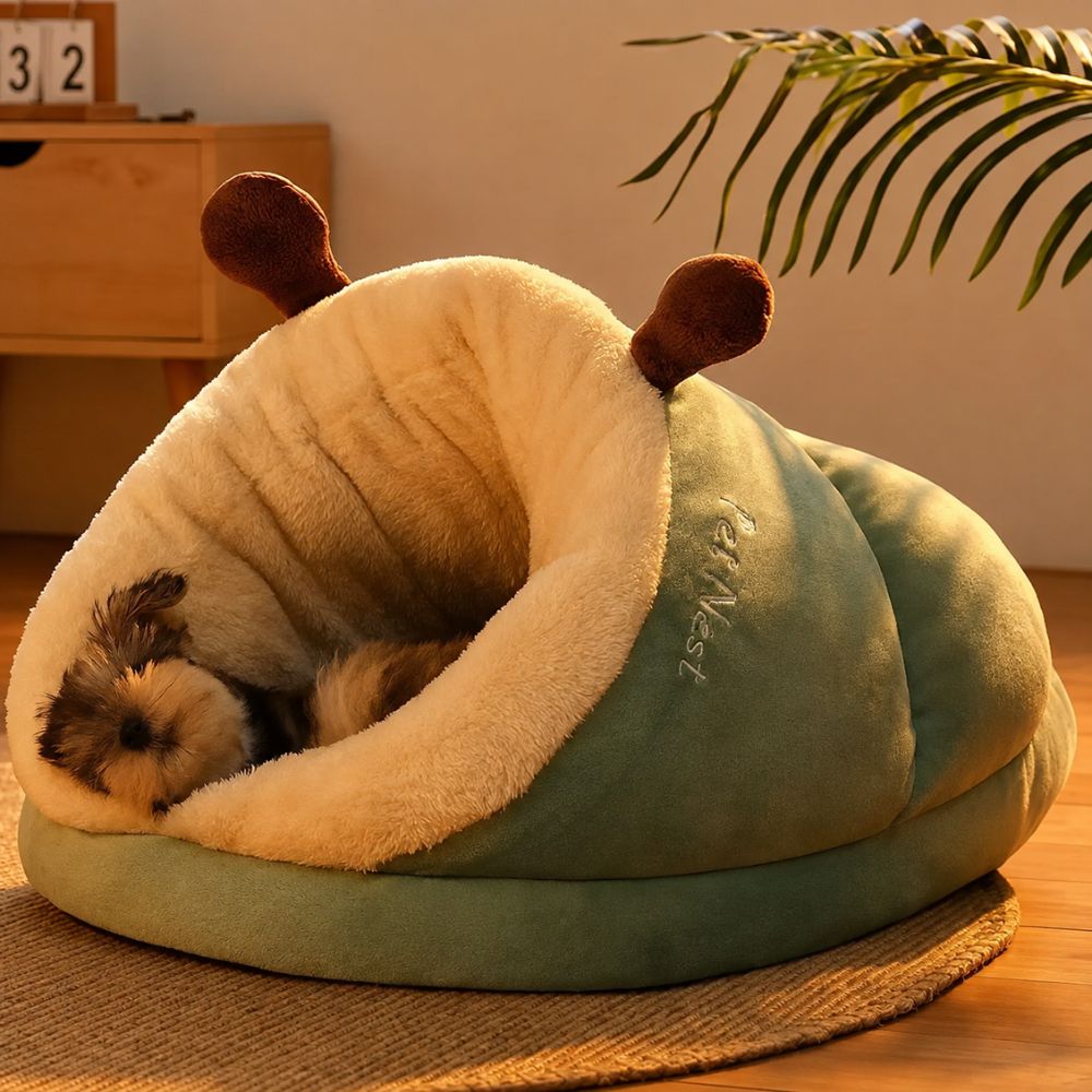 panier pour chien vert clair chien endormi niche moelleuse cocon reconfort
