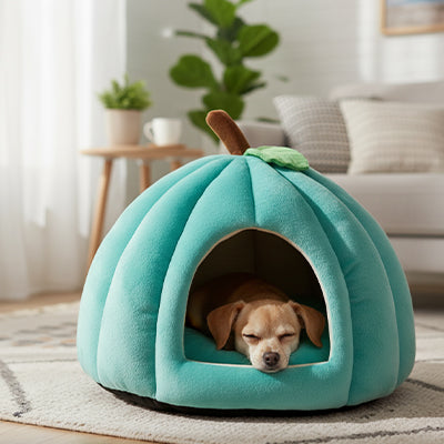 panier pour chien vert en forme de citrouille avec coussin doux et espace cocon