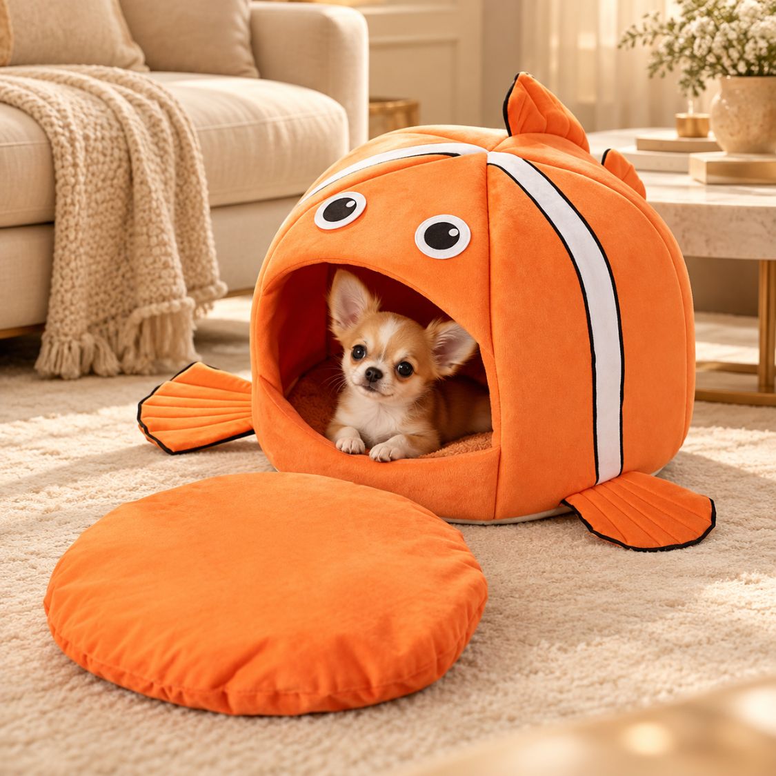 panier pour chiot poisson avec coussin amovible