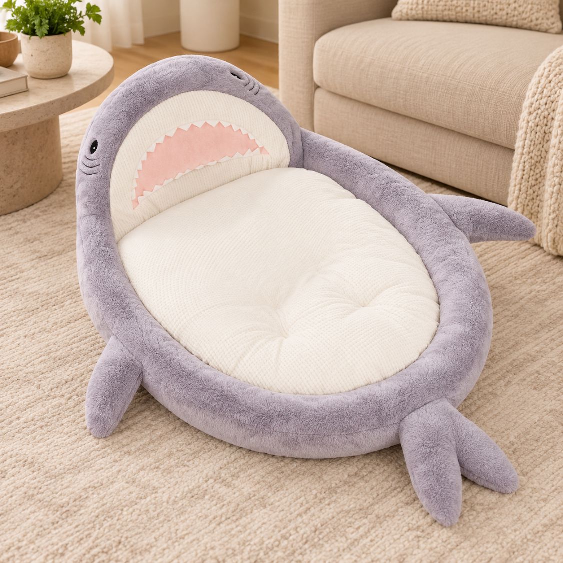 panier pour petit chien requin gris coussin moelleux vue face