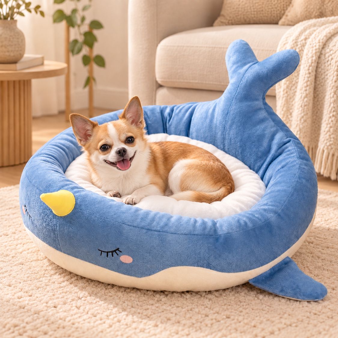 panier rond pour chien baleine bleue petit chien endormi