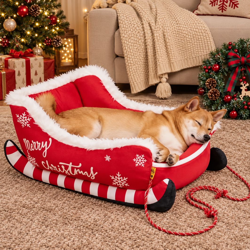 paniers pour chiens design traineau noel pres cheminee