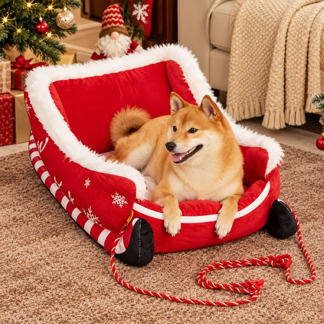 paniers pour chiens design traineau rouge ambiance noel