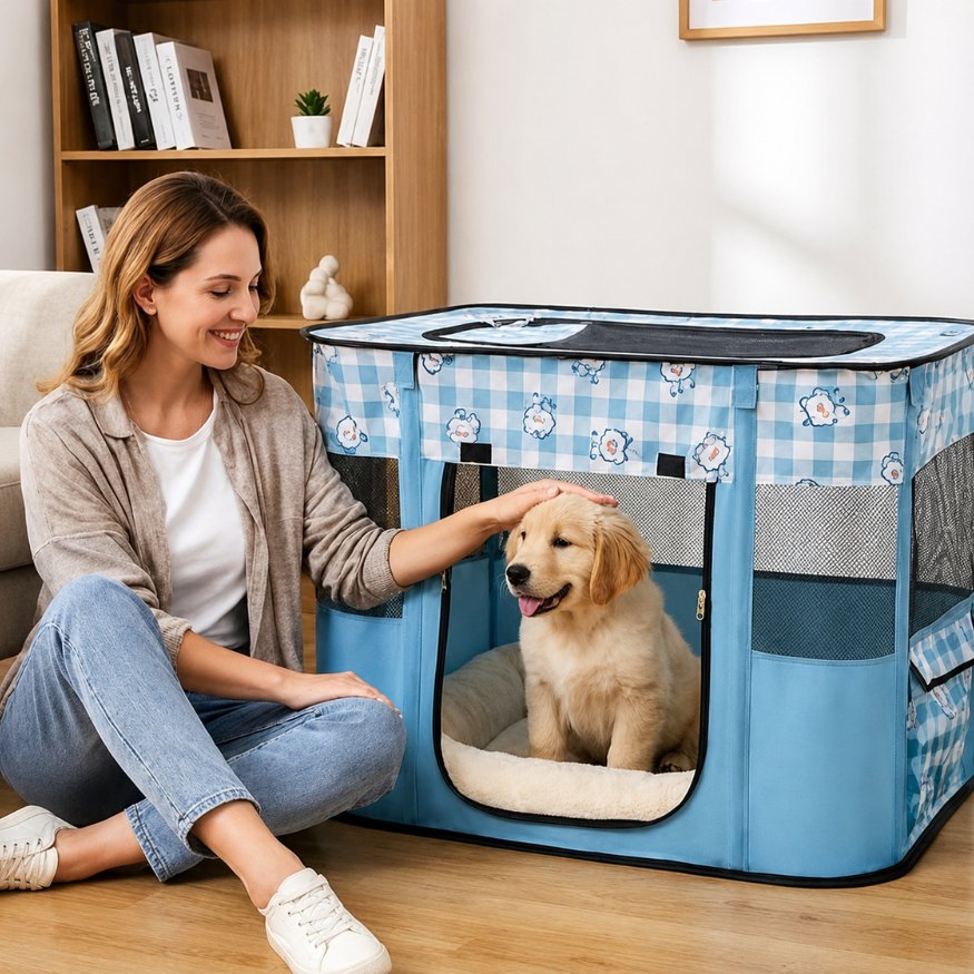 parc pour chien bleu avec chiot et proprietaire