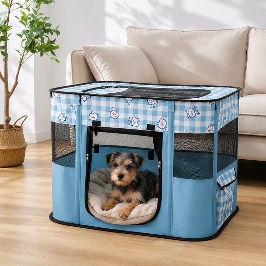 parc pour chien bleu clair avec ouverture frontale et chiot