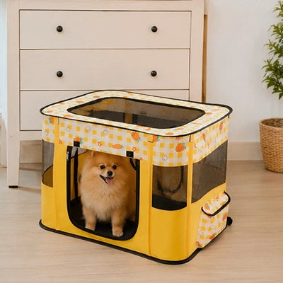 parc pour chien jaune avec chiot et poche laterale de rangement