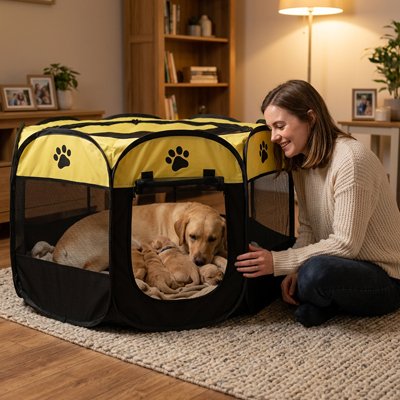 Parc pour chien jaune chiots espace confortable et aéré