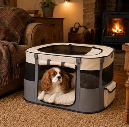 Parc pour chien pliable gris avec chien sur coussin près d'une cheminée