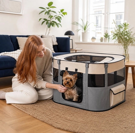 Parc pour chien pliable gris avec petit chien dans un salon lumineux