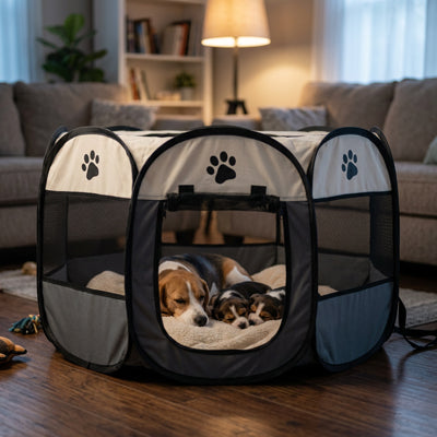 parc pour chien pliable gris blanc chiot salon