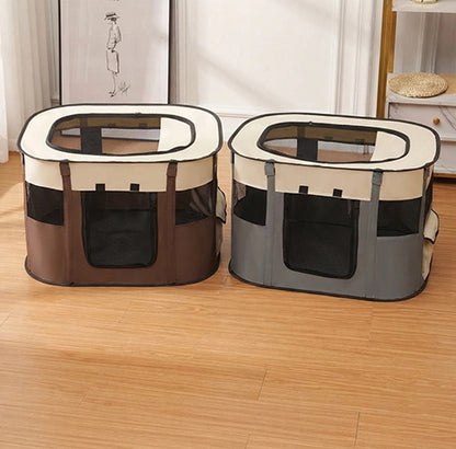 Parc pour chien pliable gris et marron vue des deux coloris